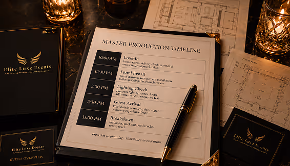 Master production timeline document beside a pen and event floor plan blueprints