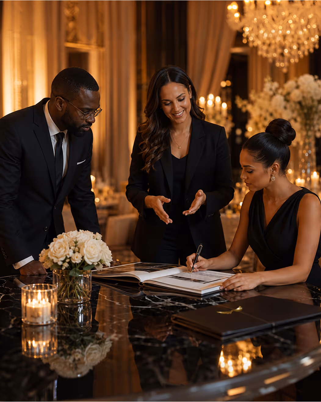 Elite Luxz Events team reviewing a client's wedding photo album at a candlelit marble table