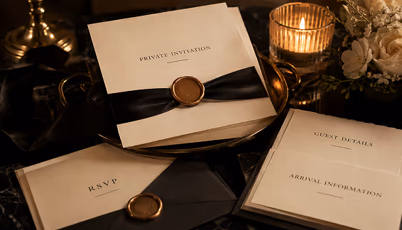 Wax-sealed private invitation envelope with RSVP and guest details cards on a tray with candlelight