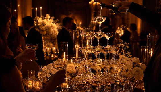 Champagne tower being poured at an evening reception with floral centerpieces