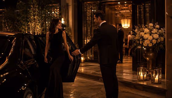 Host welcoming a guest from a car at a candlelit venue entrance with white floral arrangements