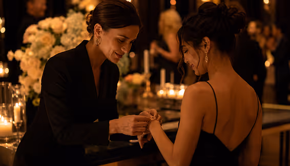 Event coordinator assisting a guest with a bracelet at a candlelit reception