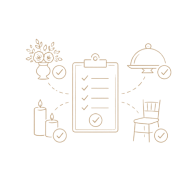 Event setup checklist icon with candles, chairs, and catering symbols