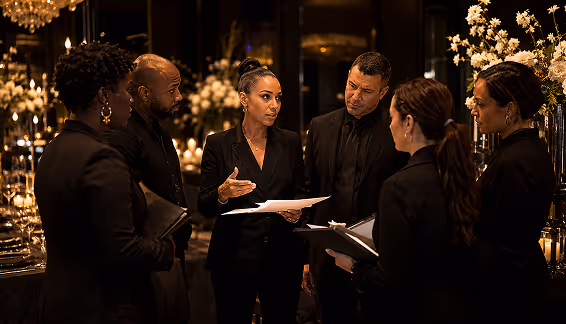 Event coordination team huddled together reviewing a document at a candlelit venue