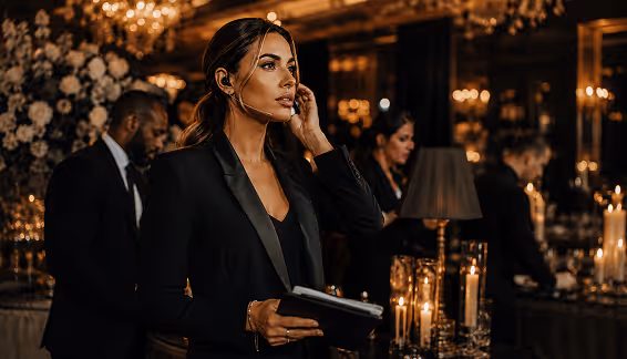 Event coordinator speaking on an earpiece while holding a clipboard at a candlelit reception