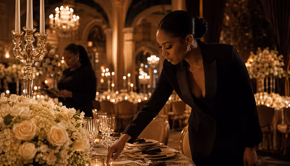 Event coordinator adjusting a place setting in a grand candlelit ballroom