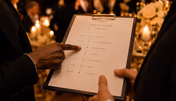 Hands reviewing an event flow timeline document on a clipboard