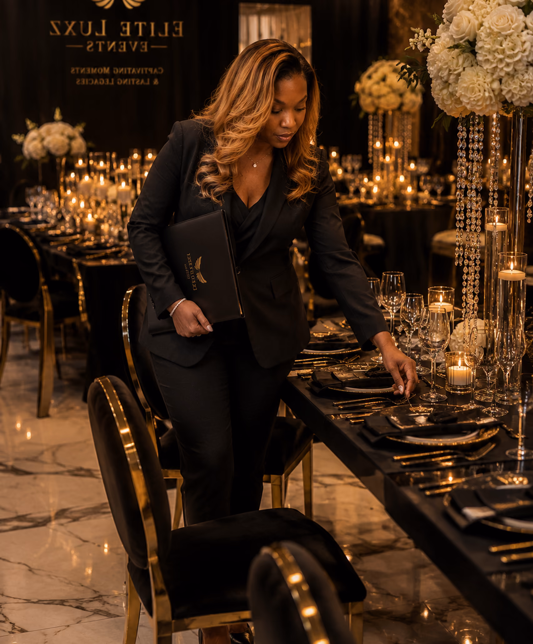 Elite Luxz Events staff member setting a candlelit black and gold table beneath branded signage