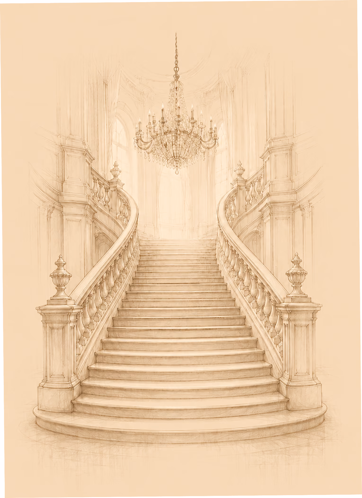 Hand-drawn sepia sketch of a grand curved staircase beneath a crystal chandelier