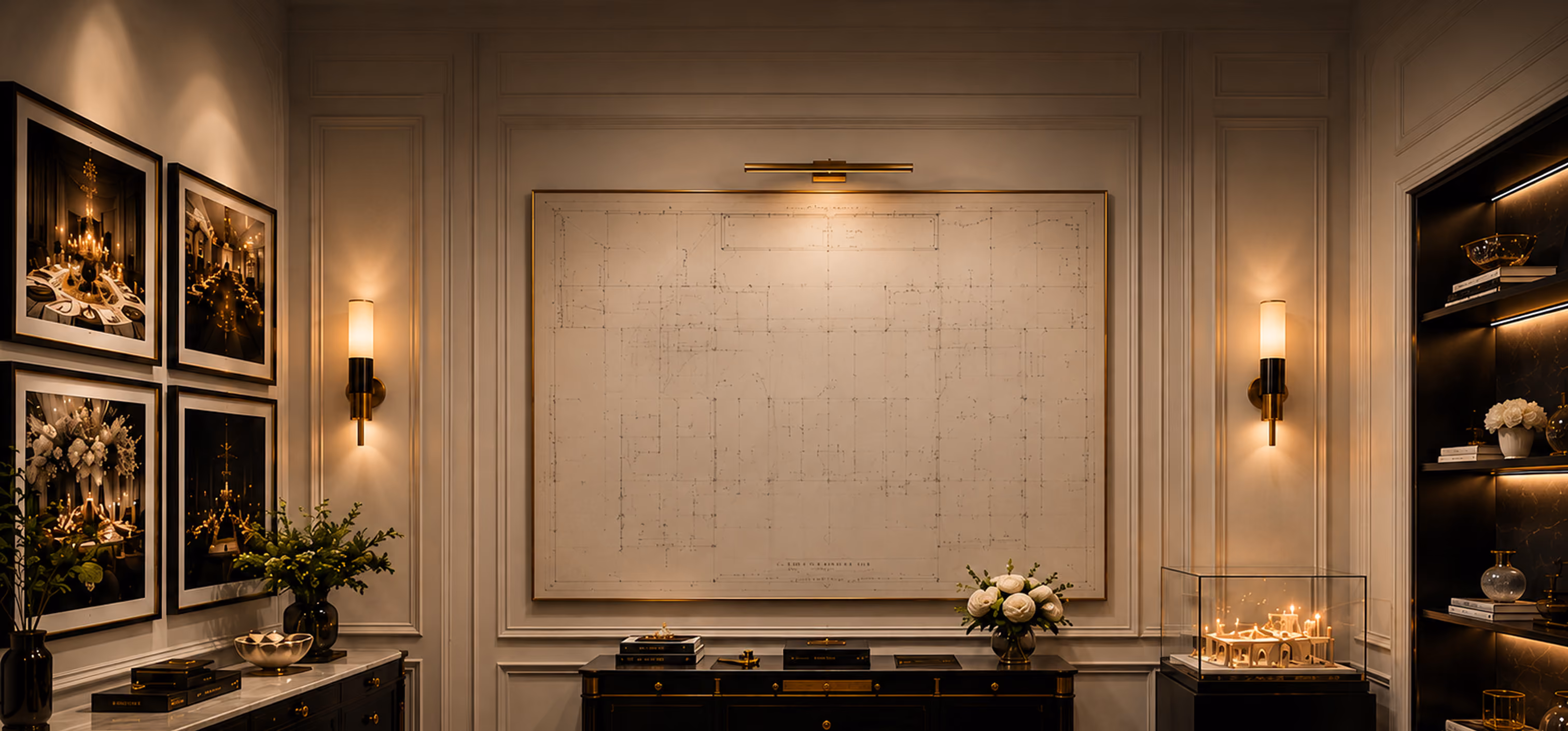 Luxury event design portfolio gallery wall with framed event photography and a floor plan mockup