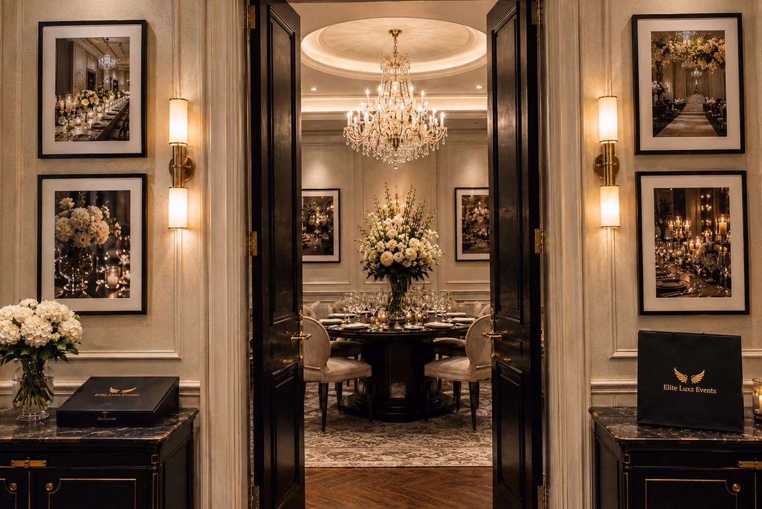 Gallery hallway with framed event photography leading to a private dining room with a chandelier and floral centerpiece