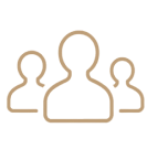 Simple brown outline of three people icons representing a group or community.