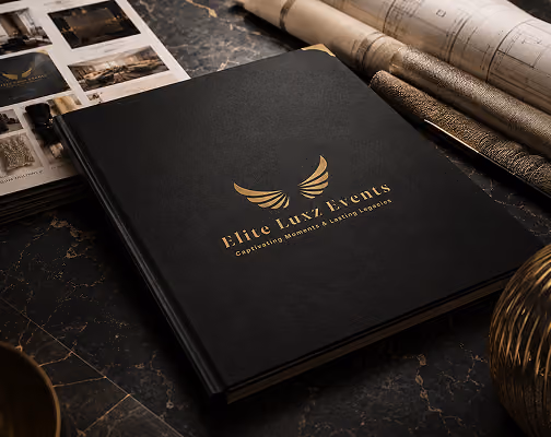 Luxury event design portfolio book with Elite Luxz Events gold wing branding beside mood boards and rolled blueprints