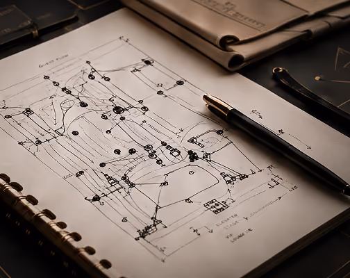 Luxury event design floor plan sketch with a hand-drawn seating layout and pen