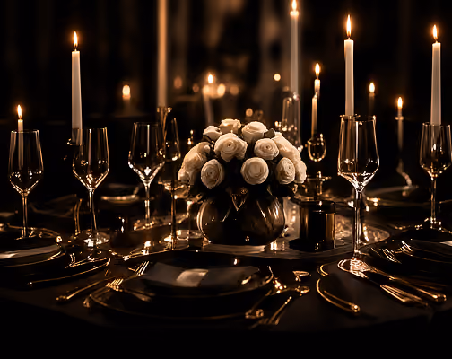Candlelit fine dining table setting with a white rose centerpiece and crystal glassware