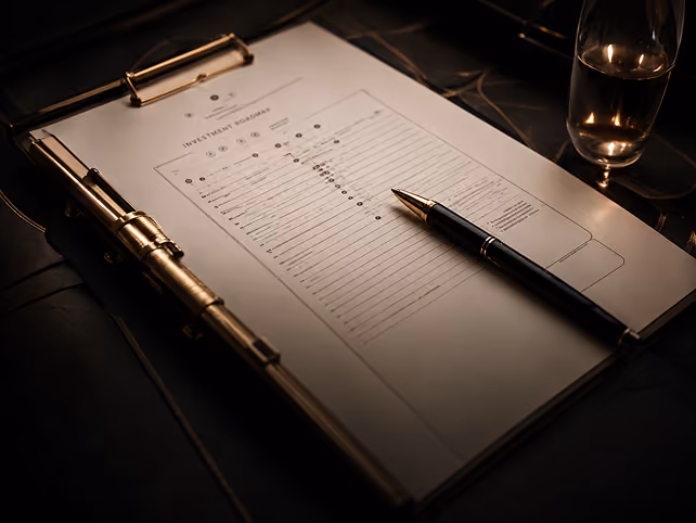 Event planning checklist on a clipboard beside a pen and a glass of whiskey