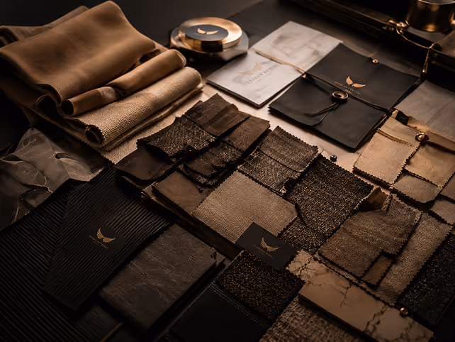 Leather and fabric material swatches with Elite Luxz Events branded tags for luxury event design