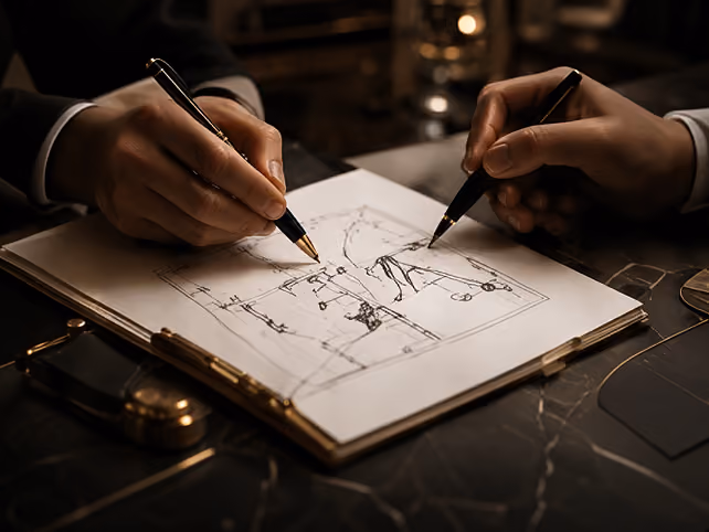 Luxury event planner's hands sketching an event floor plan design with a fountain pen