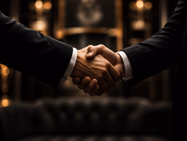 Luxury event planner and client shaking hands to confirm an event partnership