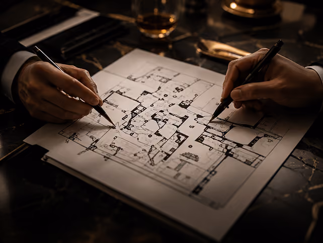 Luxury event design team collaborating over a detailed venue floor plan blueprint