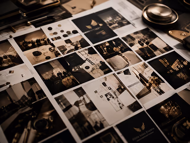 Elite Luxz Events branded photography prints arranged in a grid for event review