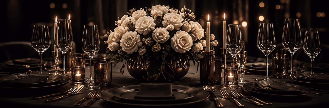 Elegant candlelit table setting with a white rose centerpiece, crystal glassware, and place settings