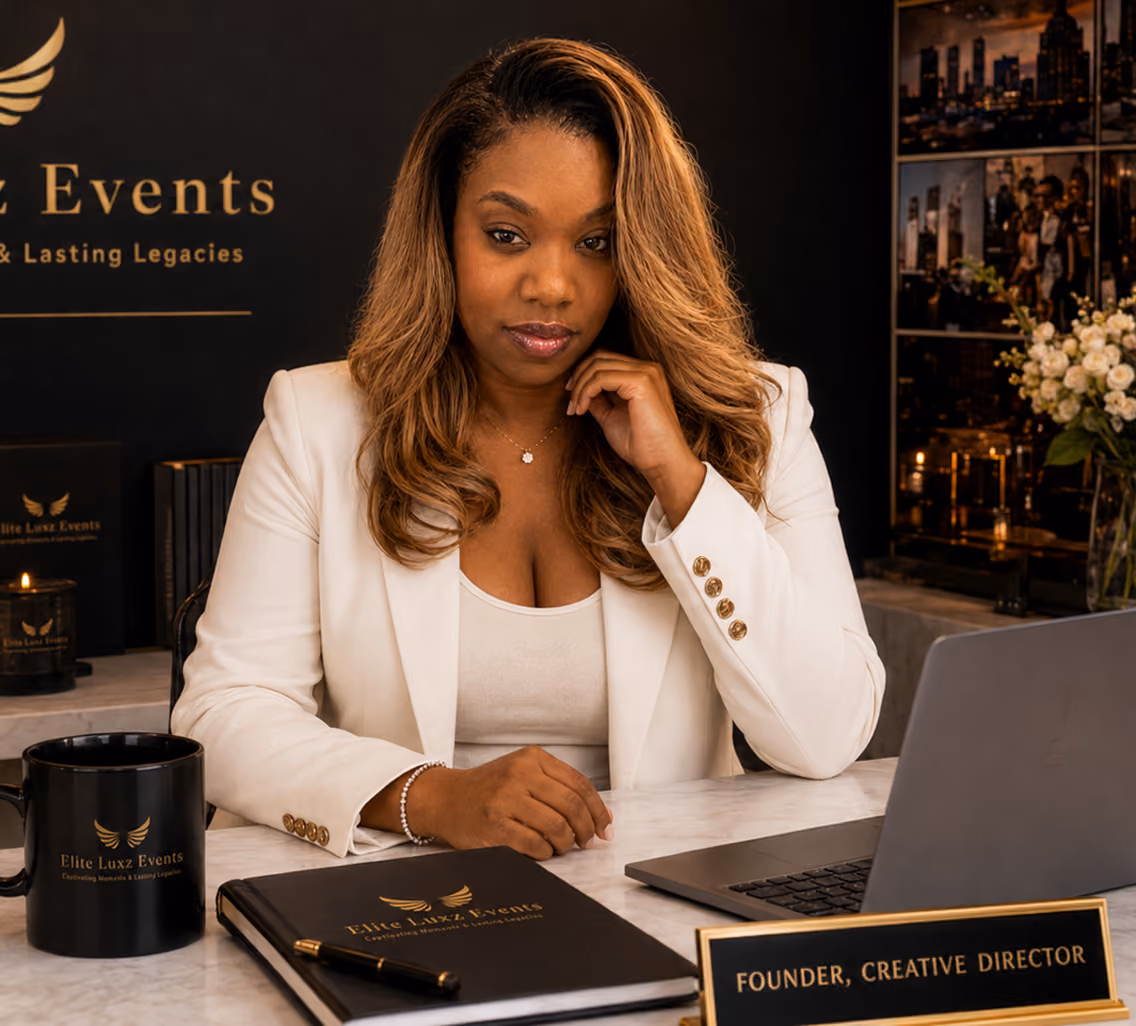 Woman in white blazer at desk with laptop, planner, and mug labeled Elite Luxz Events.