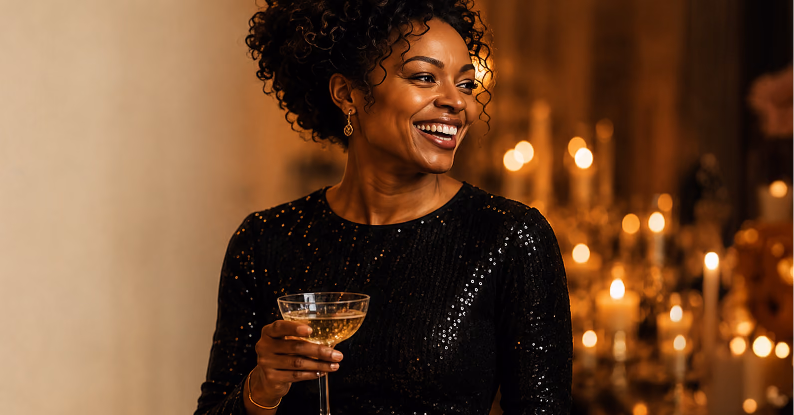 Woman in a black sequin gown smiling and holding a champagne coupe at a candlelit event