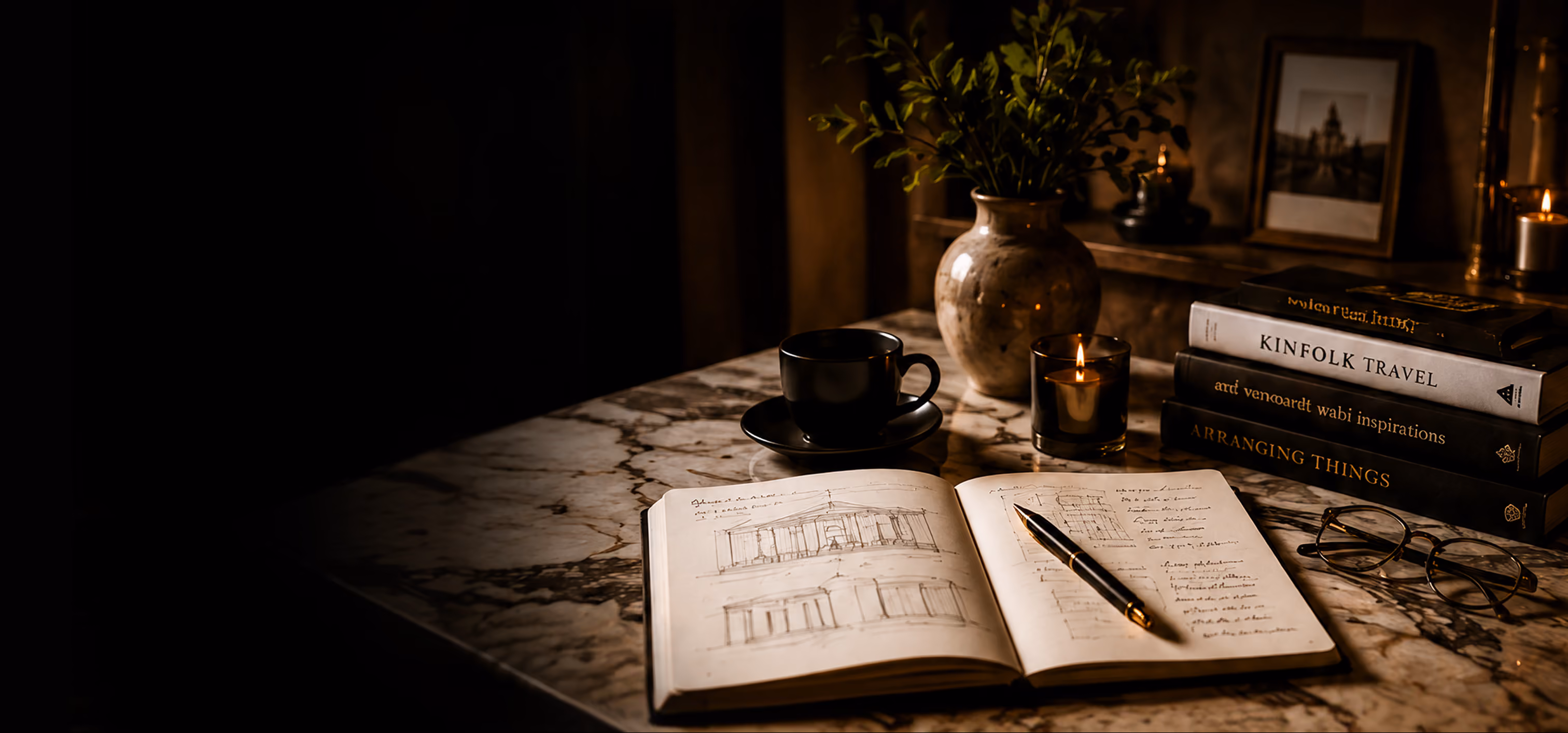 Open notebook with architectural sketches, pen, glasses, coffee cup, candle, vase, and stacked books on marble table.