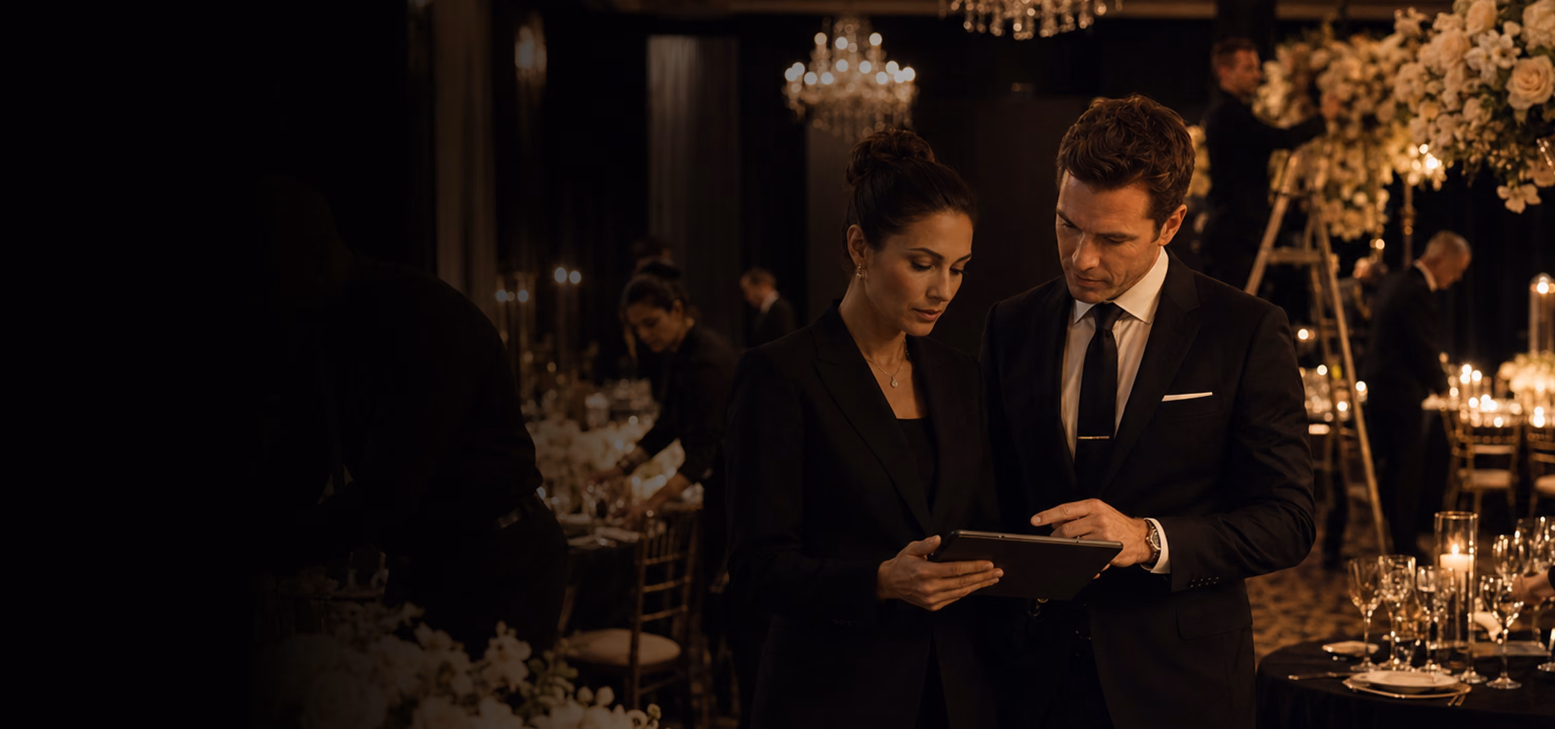 Event coordinators in black attire reviewing a tablet together at a candlelit reception surrounded by floral arrangements