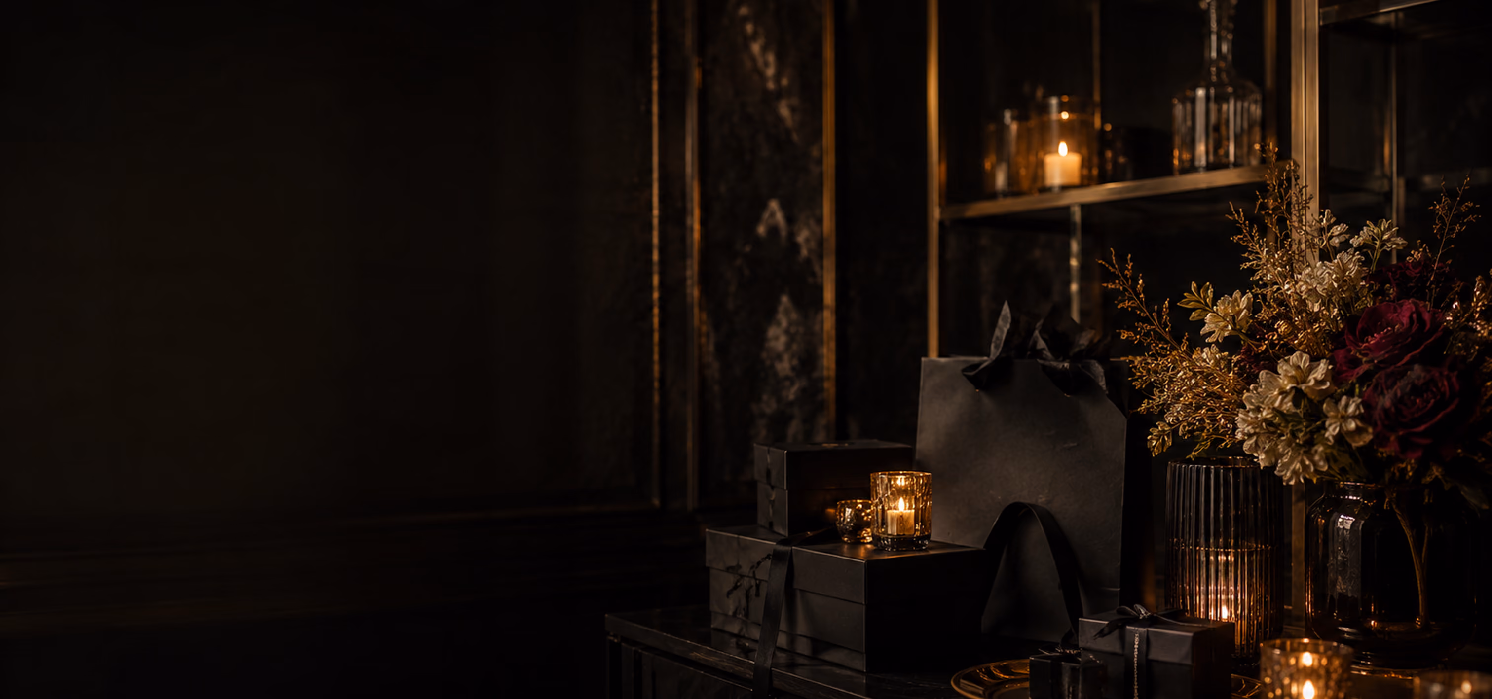 Dark, softly lit shelf styled with candles, a gift box, and a floral arrangement in an elegant event space