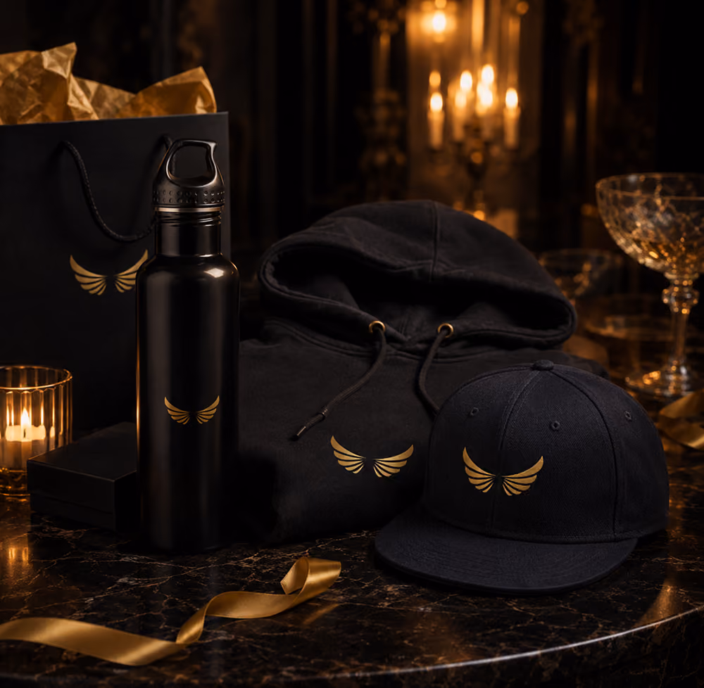 Elite Luxz Events branded merchandise flat-lay with a water bottle, hoodie, and snapback cap featuring the gold wing logo