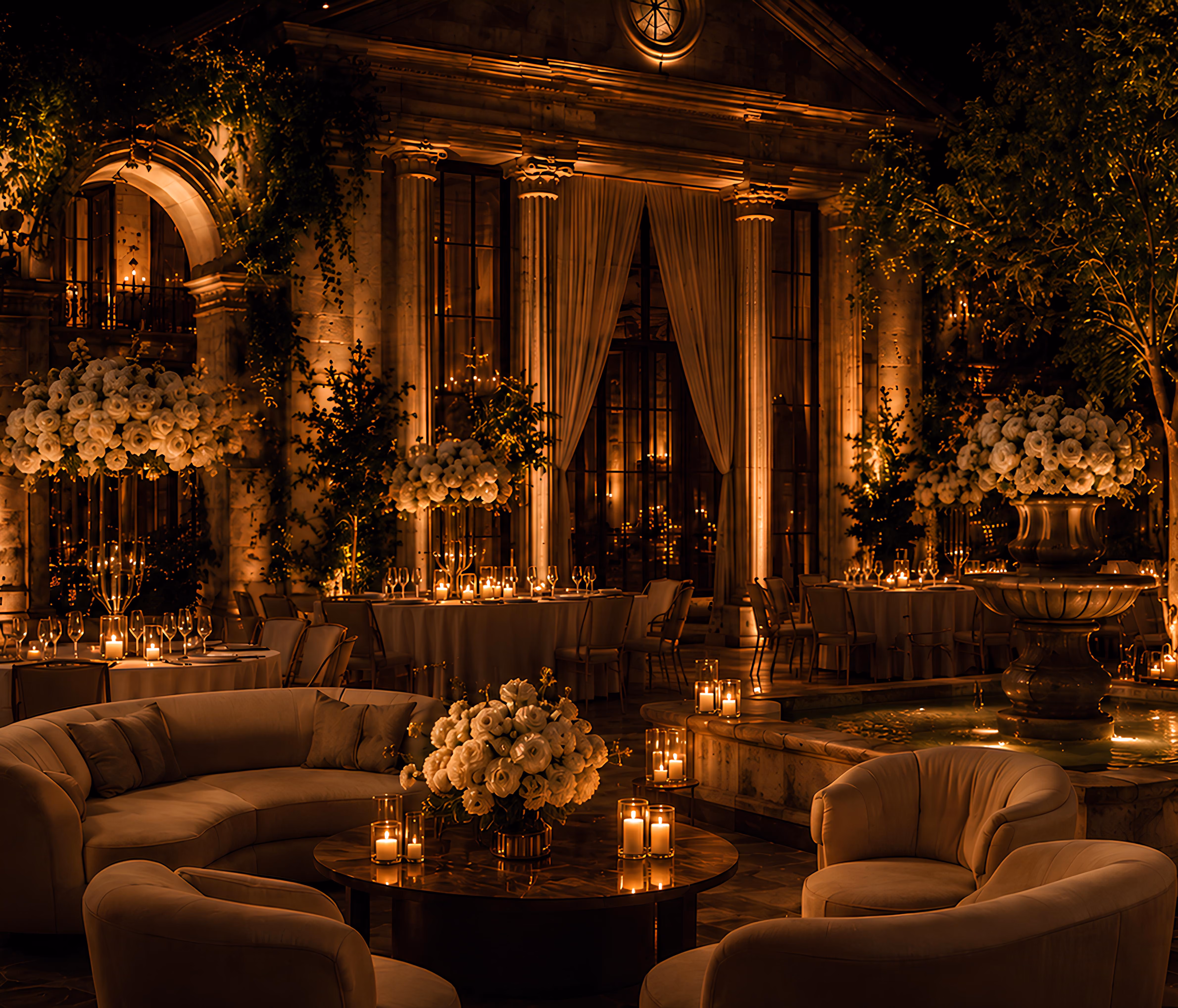 Luxury event planner's candlelit courtyard reception with white floral centerpieces, curved lounge seating, and a stone fountain
