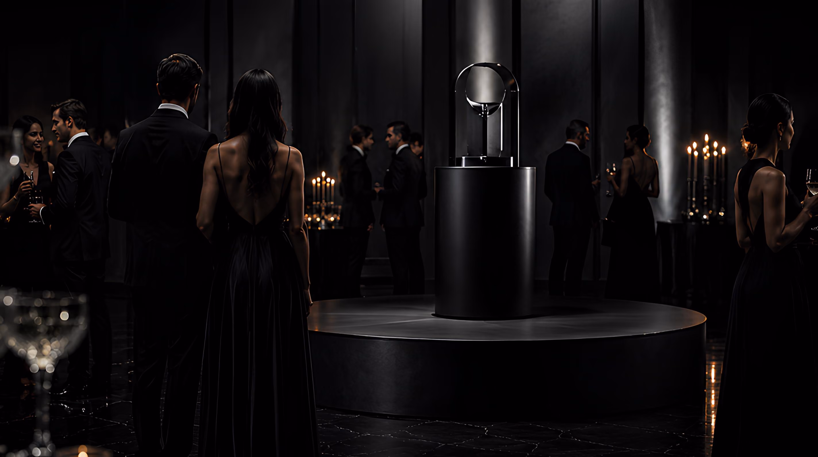 Guests gathered around a spotlit crystal award display at a modern corporate event