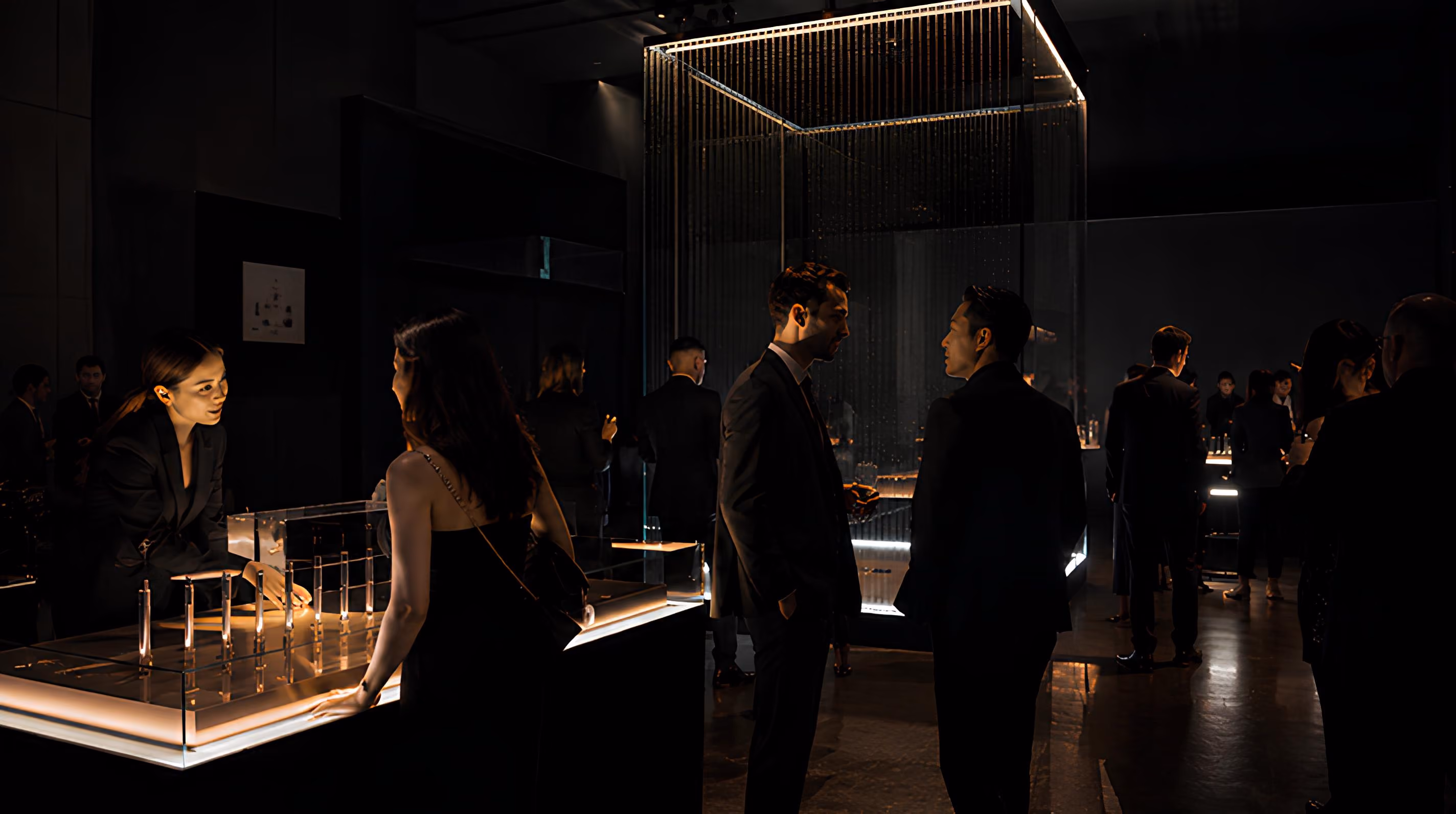 Guests browsing illuminated glass display cases at a corporate showcase event