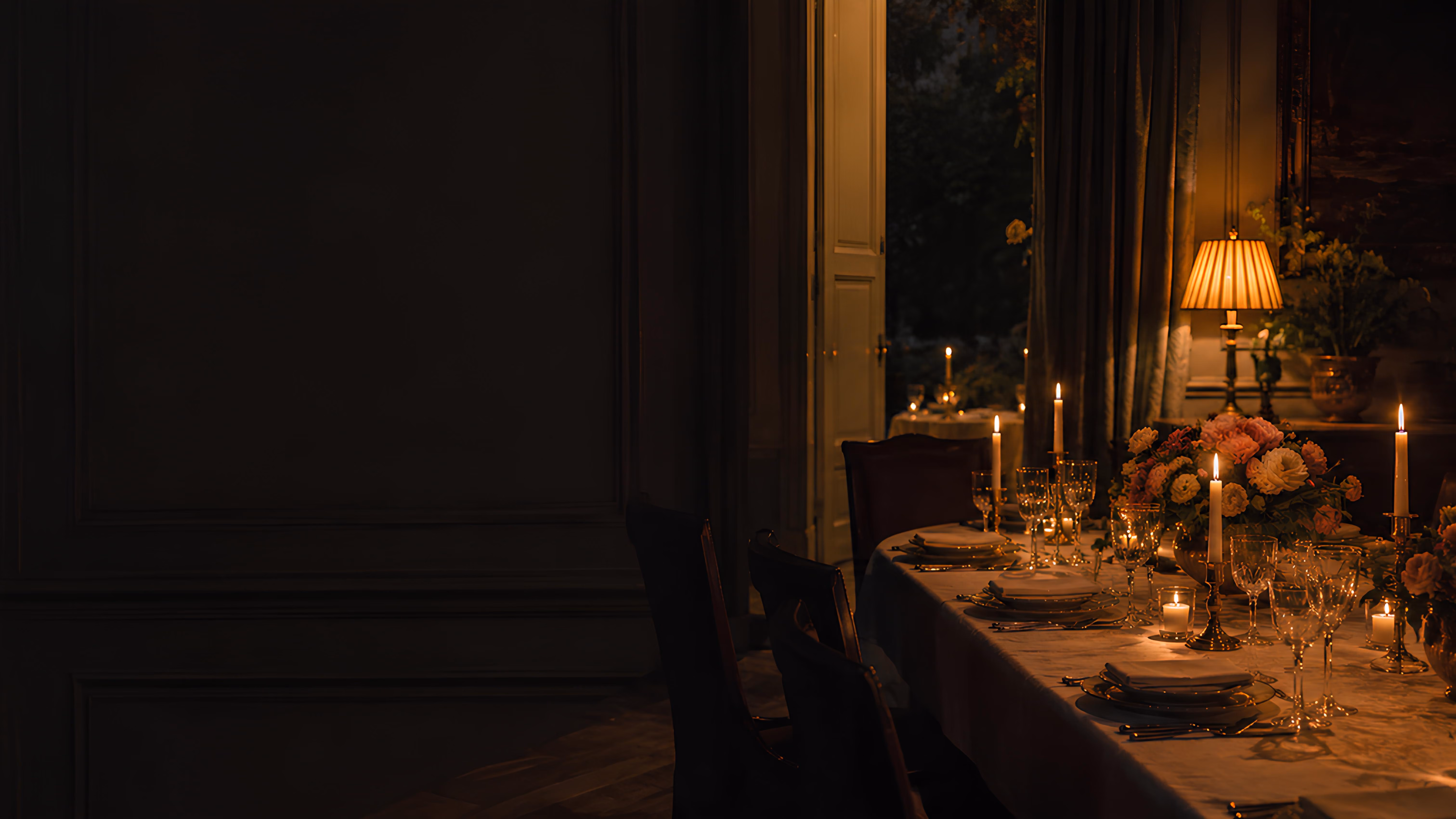 Intimate candlelit dining room with a floral centerpiece, seen through an open doorway