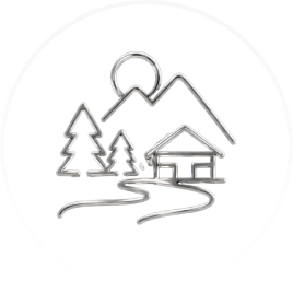 Icon of a cabin path through mountains and pine trees