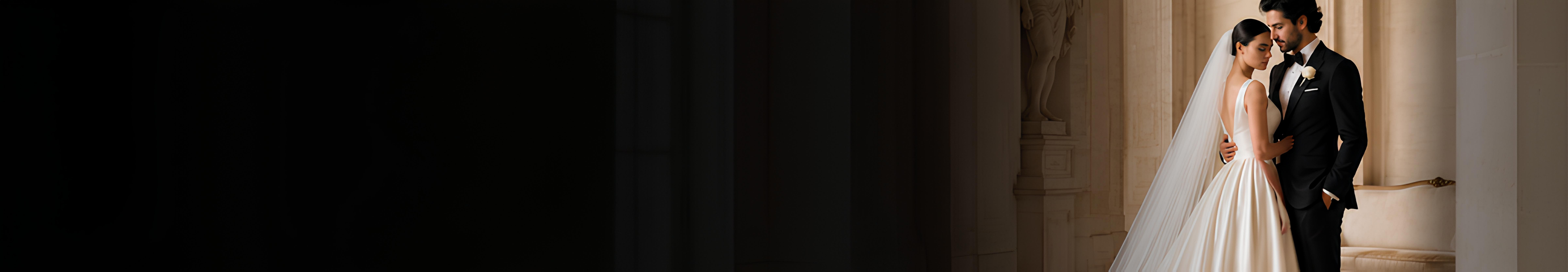 Bride and groom embracing in silhouette beside classical columns