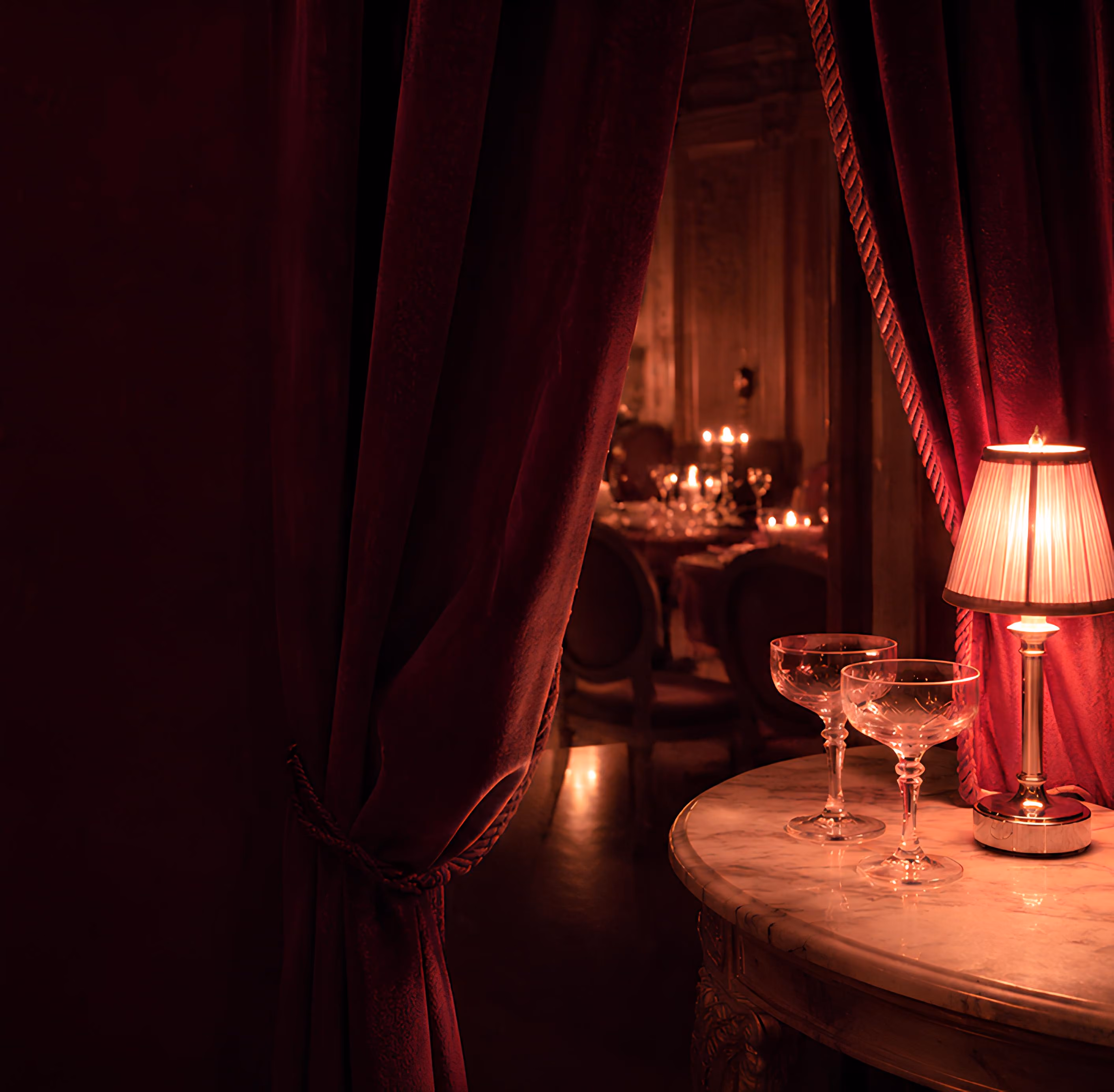 Intimate lounge nook framed by red velvet curtains, with cocktail glasses, a lit lamp, and a candlelit dining scene beyond