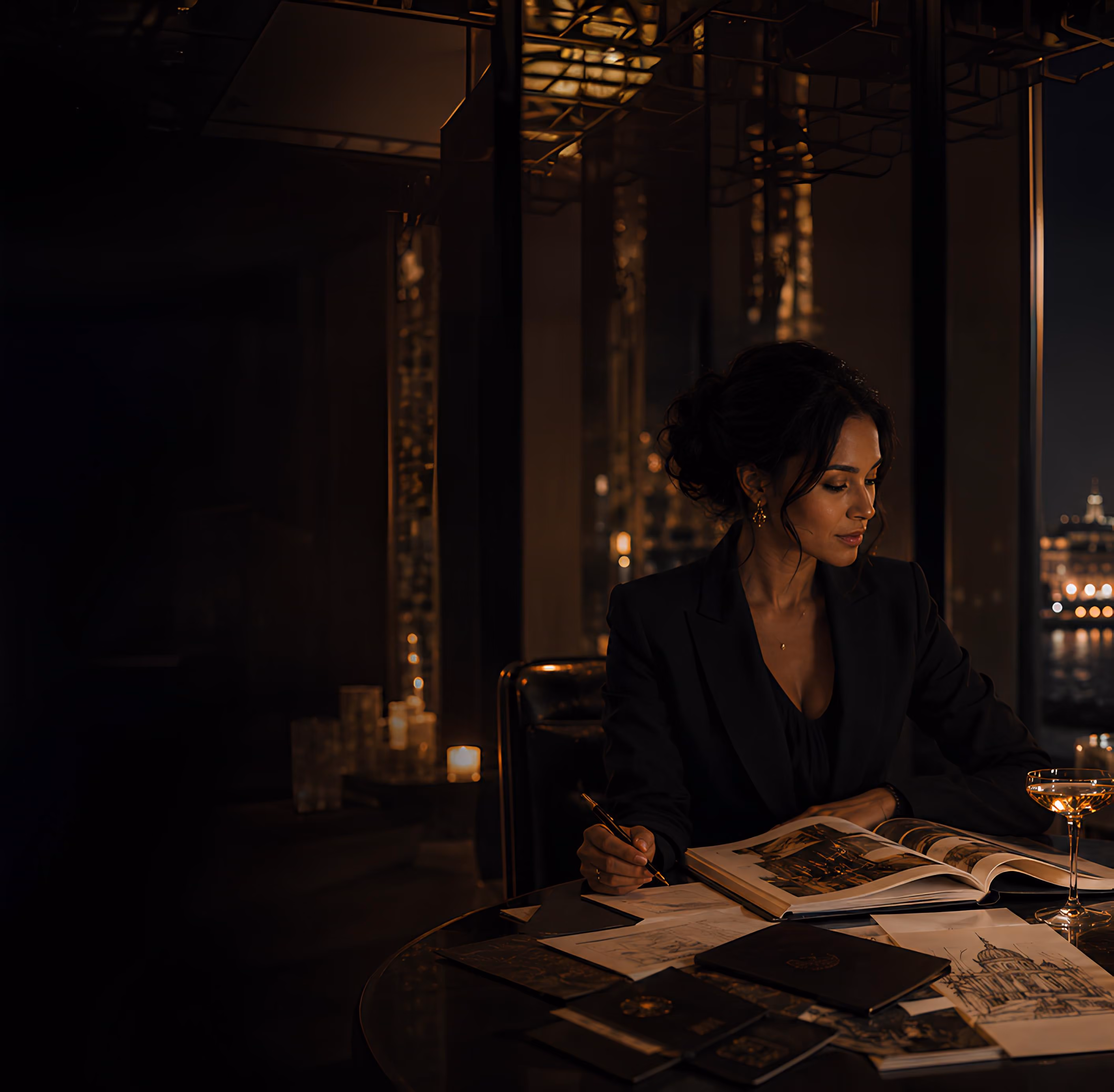 Woman writing in a planning journal at a candlelit table with a nighttime city skyline view through the window