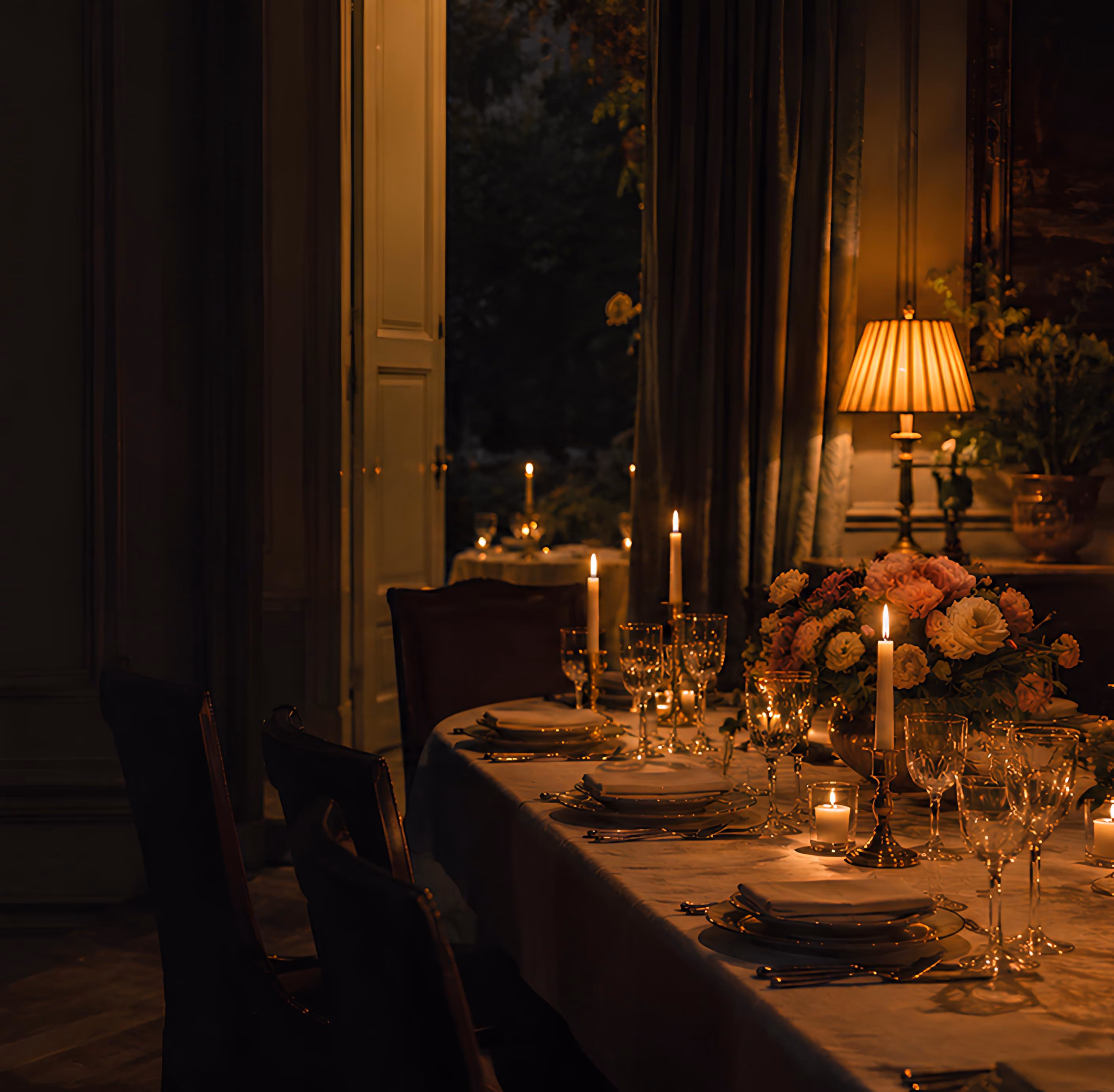 Candlelit dinner table set near open French doors leading to a garden