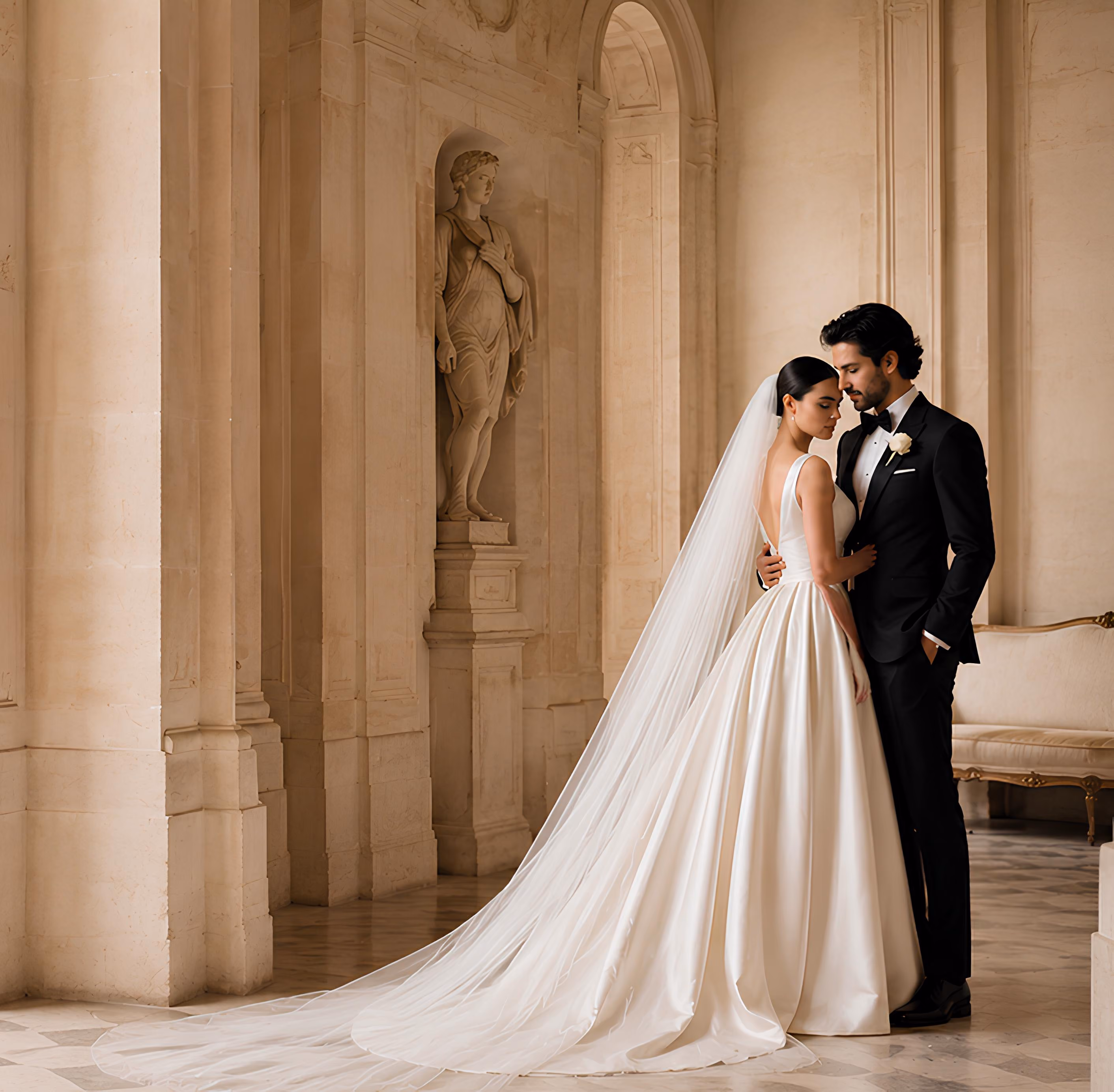 Bride and groom embracing in an elegant marble hallway lined with classical columns
