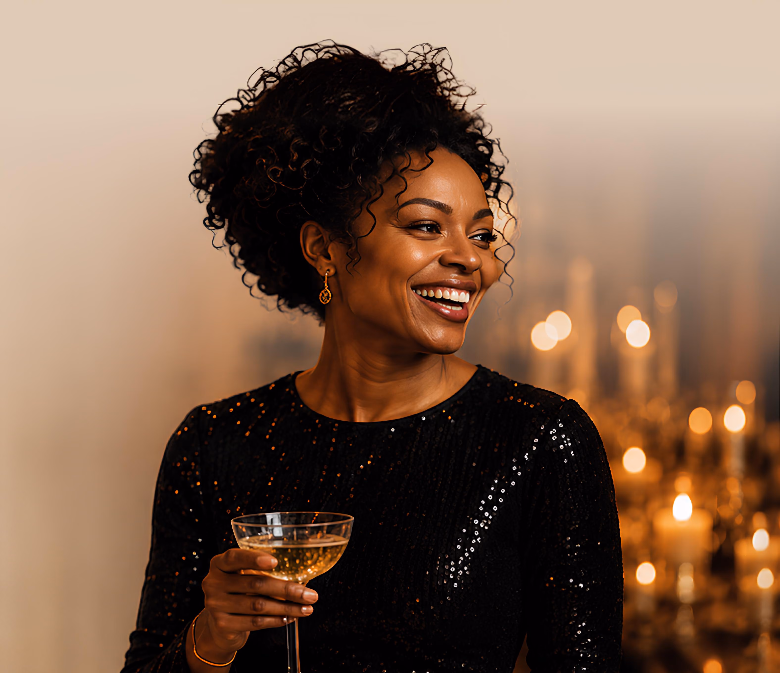 Woman in a black sequin gown smiling and holding a champagne coupe at a candlelit event