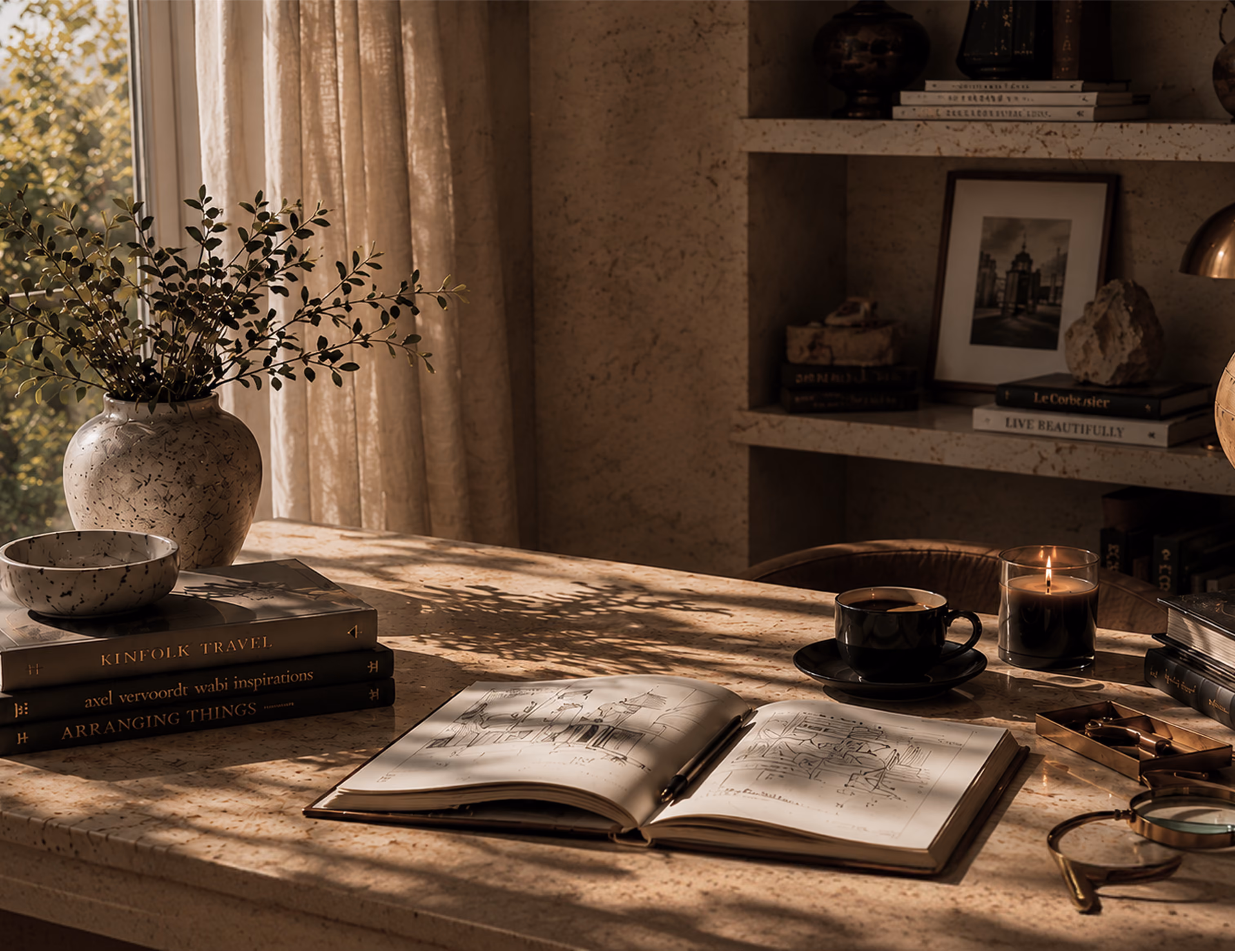 Cozy workspace with an open sketchbook, coffee cup, lit candle, plant, and books on a sunlit table.