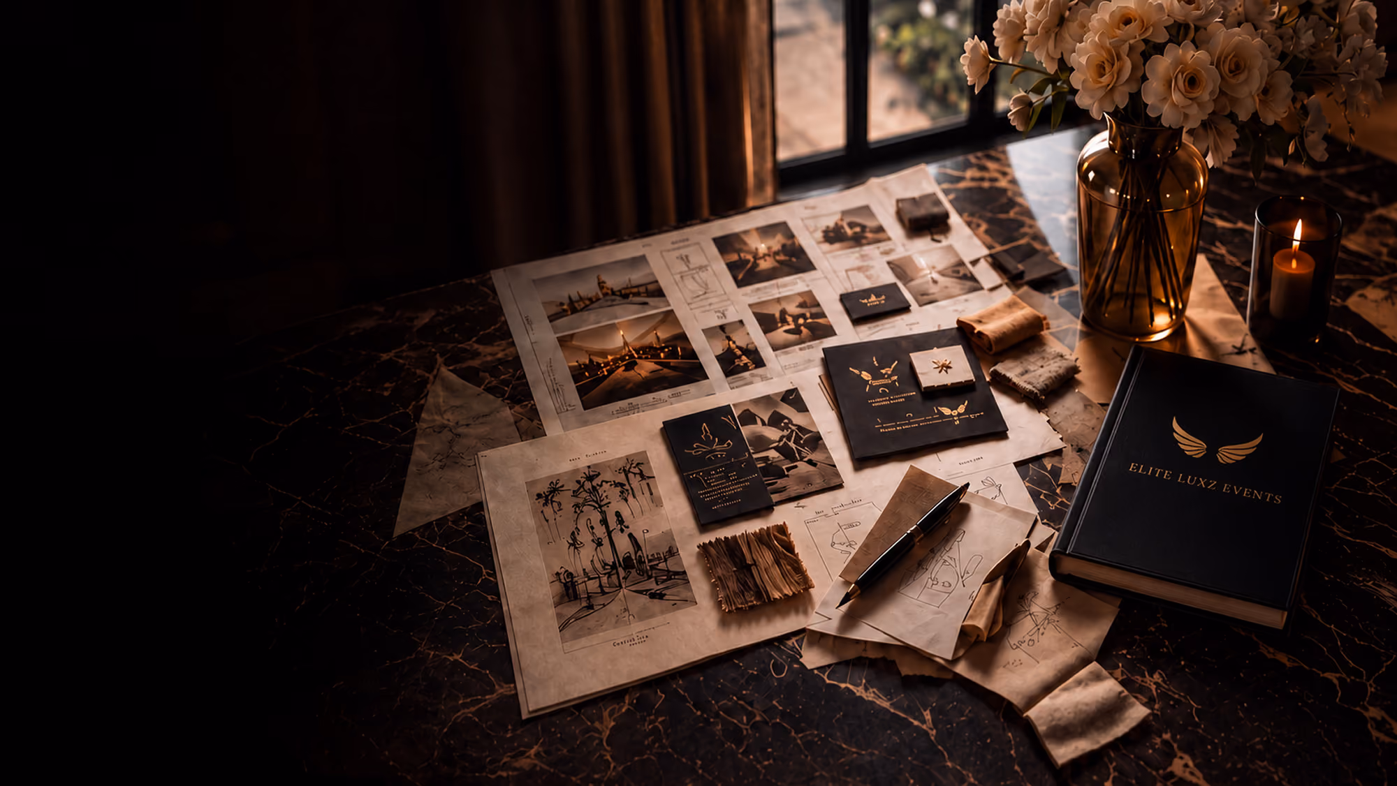 Dark marble table with event sketches, fabric samples, business cards, pen, flower vase, and candle.