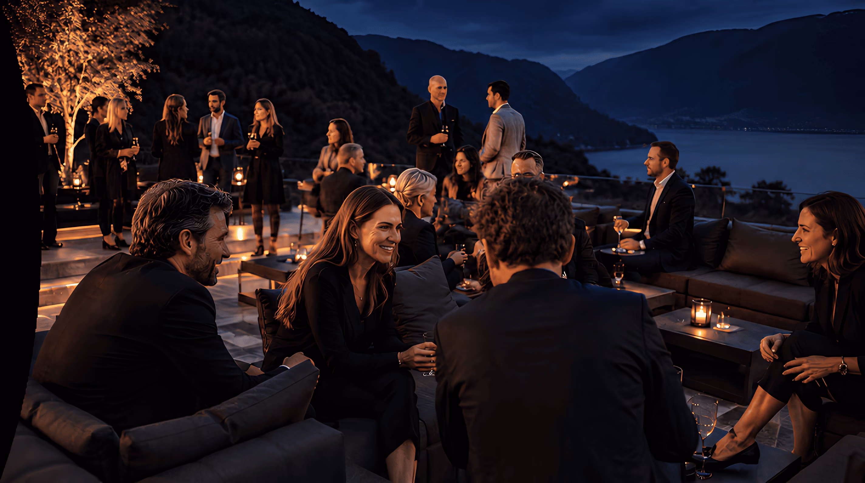 People dressed in formal attire socializing with drinks on a rooftop terrace at dusk by mountains and water.