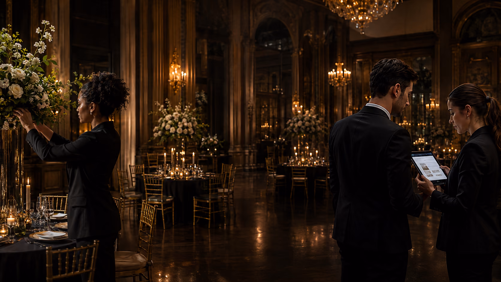 Luxury event team preparing an elegant ballroom, with a florist arranging flowers and team members reviewing event details on a tablet.