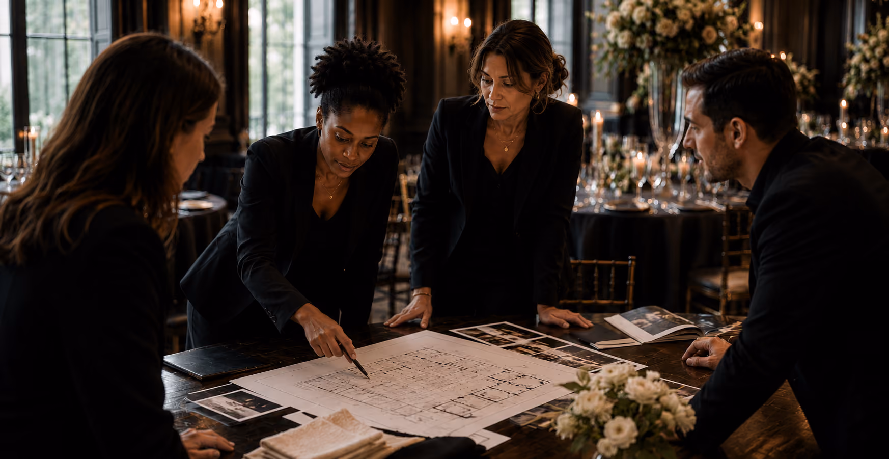 Four professionals in black suits discuss a large blueprint on a table in an elegant room.