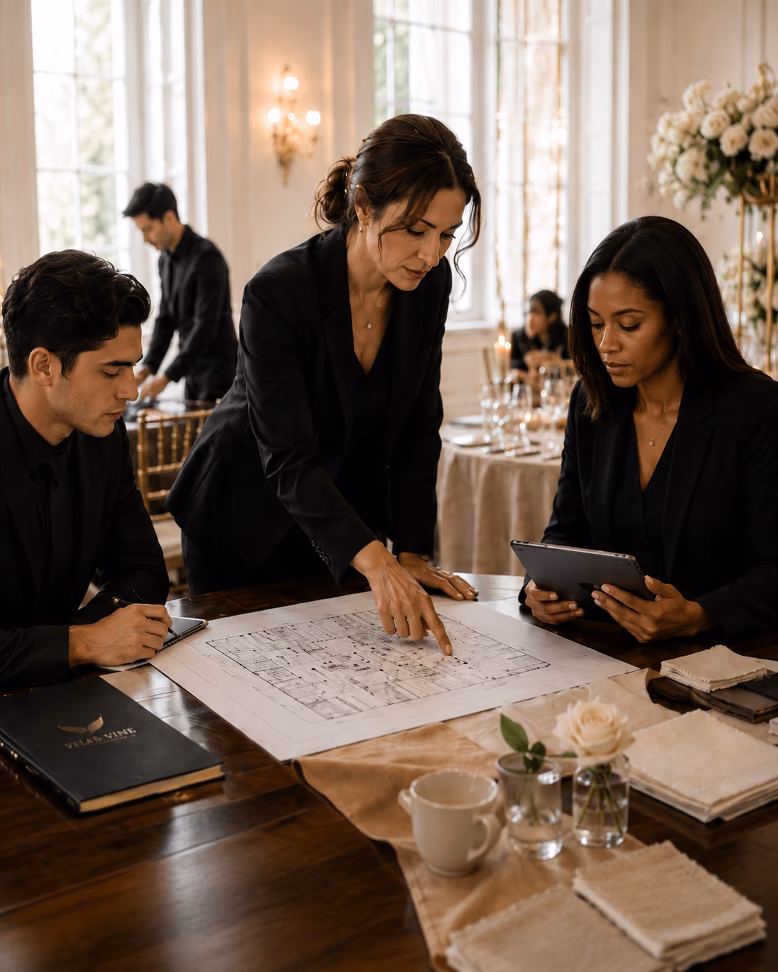 Three professionals in black suits reviewing a floor plan at a wooden table with fabric samples and a tablet.