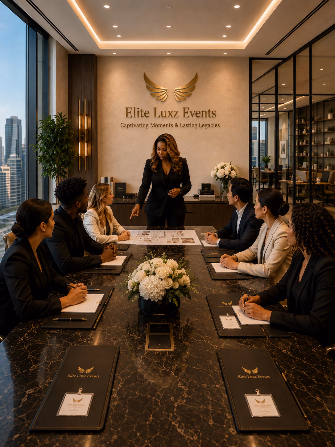Businesswoman presenting to colleagues around a table in a modern office with Elite Luxz Events branding.